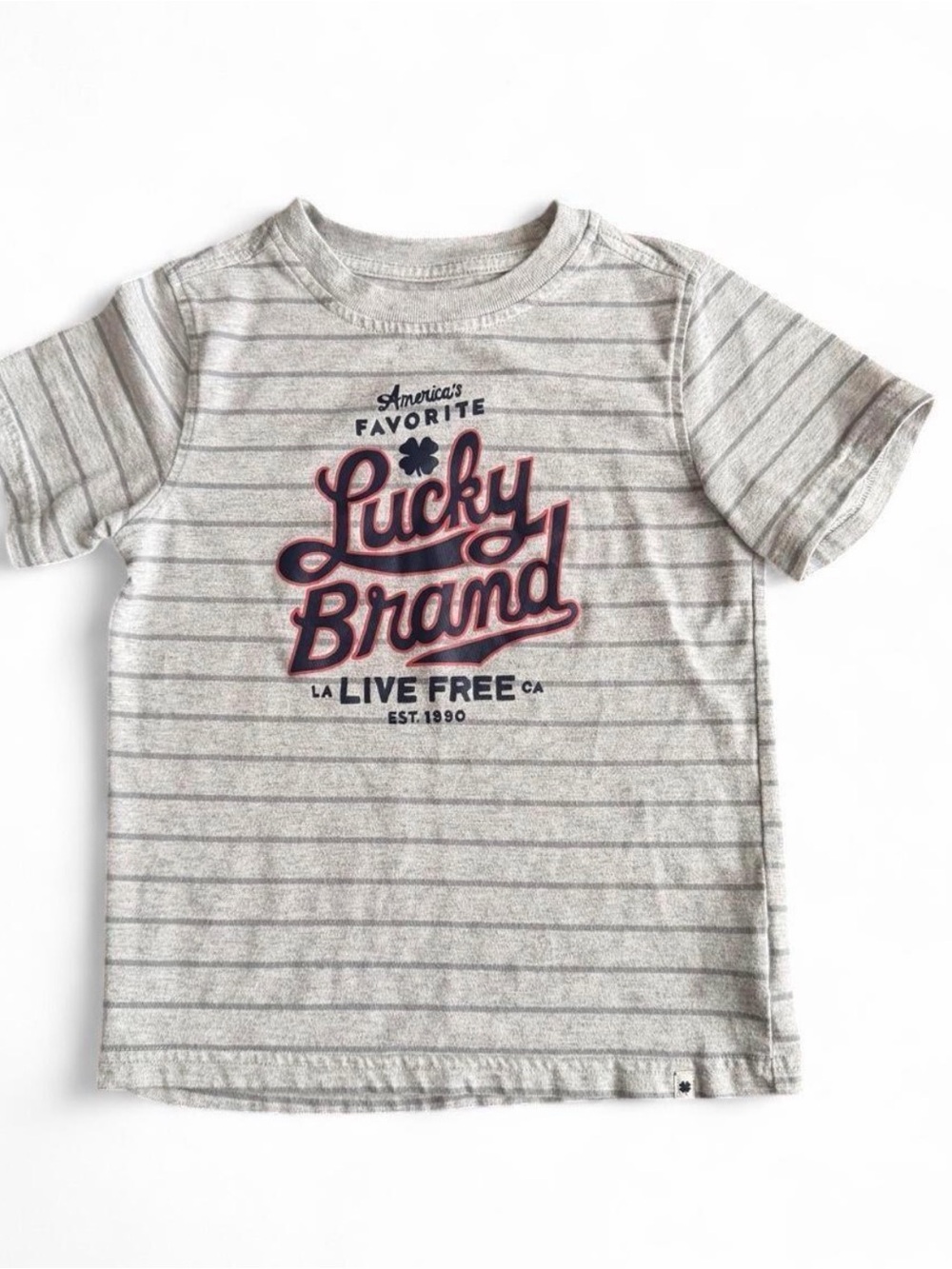 Lucky Brand Gray Striped Tee with Navy & Maroon Logo